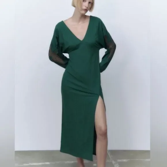 Zara | Dresses | Zara Embroidered Dress Dark Green Size Medium | Poshmark